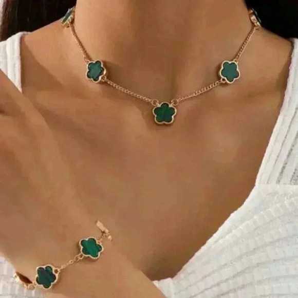 Jewelry - 18k Gold over Stainless Steel Clover Necklace and Bracelet Set